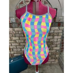 Dolphin swimsuit one piece waves yellow pink green blue